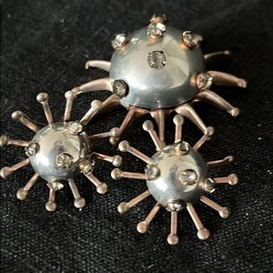 VTG Sputnik Sun Earring + Pin Set Copper Silver + Rhinestone